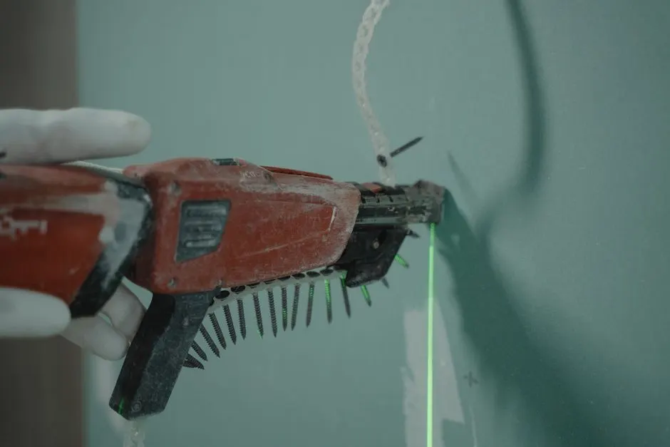 A close-up of a person using a power drill for home improvement or construction work.